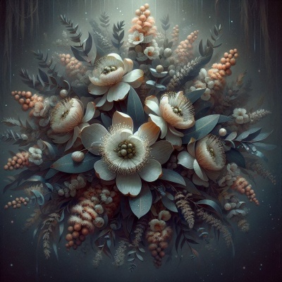 Arranjo floral com flores bege, bagas coral e folhas cinza azulado