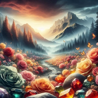 Vale montanhoso com flores coloridas e pedras preciosas ao entardecer