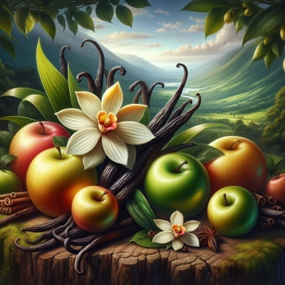 Maçãs, paus de baunilha e flores sobre tronco com paisagem ao fundo