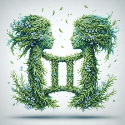 Símbolo dos Gémeos formado por folhas e flores com duas figuras femininas de perfil.