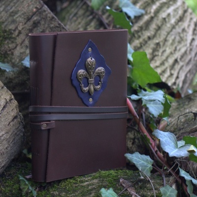 Caderno de capa dura em couro castanho com decoração metálica azul e prata, sobre troncos e musgo