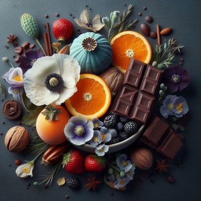 Frutas frescas, flores e barras de chocolate numa mesa escura