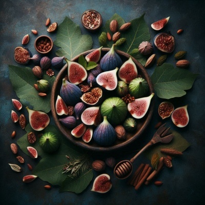 Tigela com figos frescos, amêndoas, nozes e folhas verdes em fundo escuro