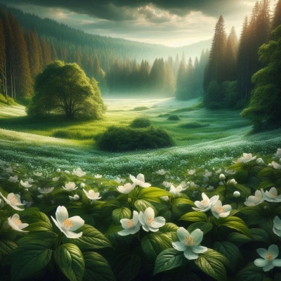 Campo verde com flores brancas e árvores ao fundo sob céu nublado