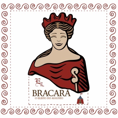 Embalagem de produto com ilustração de mulher com coroa vermelha e manto, texto BRACARA e padrão ornamental