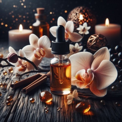 Frasco de óleo com conta-gotas e orquídeas em ambiente rústico com velas