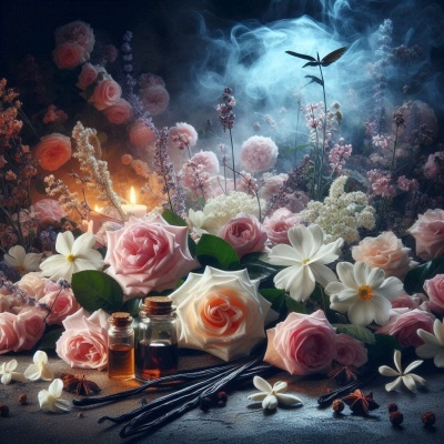 Arranjo floral com flores rosa e brancas, garrafas de óleo essencial e varetas aromáticas