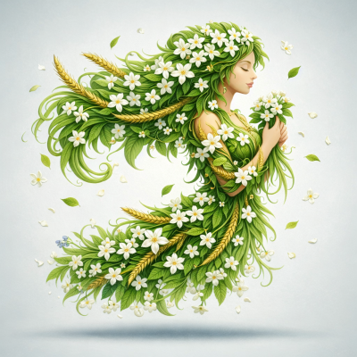 Figura feminina feita com folhas, flores brancas e espigas douradas num fundo cinzento