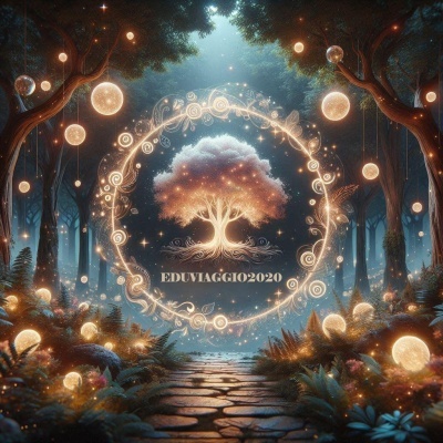 Floresta mágica com orbes luminosos e círculo de luz com árvore e texto EDUVIAGGI02020.