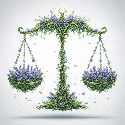 Balança decorativa com detalhes em folhas verdes e flores roxas sob fundo branco