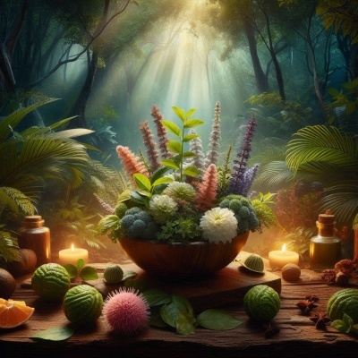 Vaso com flores coloridas numa mesa de madeira rodeada por velas acesas e frascos, em ambiente de floresta iluminada