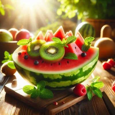 Meia melancia decorada com kiwi, hortelã e bagas numa tábua de madeira com framboesas