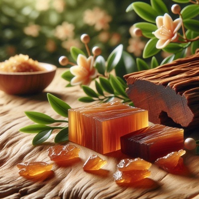 Cubos translúcidos de gelatina âmbar com decoração floral e madeira