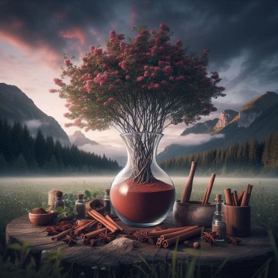 Vaso de vidro com areia vermelha e ramo florido cor-de-rosa, paus de canela e almofariz numa mesa rústica com montanhas ao fundo