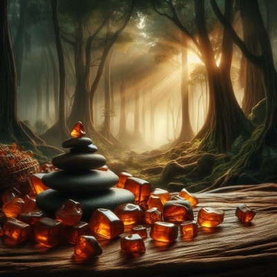 Pedras pretas empilhadas com cristais âmbar numa superfície de madeira em floresta iluminada