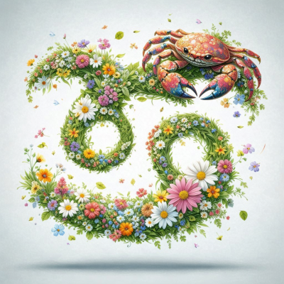 Caranguejo colorido sobre flores e folhagem em padrão circular