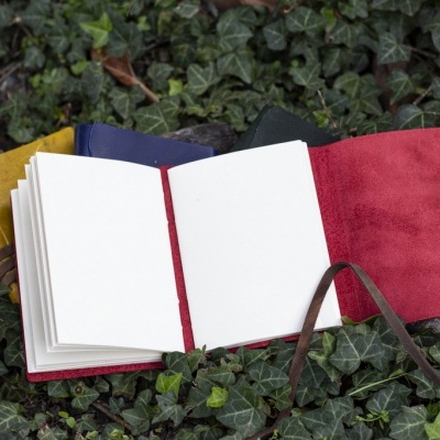 Dois cadernos de tecido colorido, um aberto com páginas em branco e outro fechado, sobre folhas de hera.