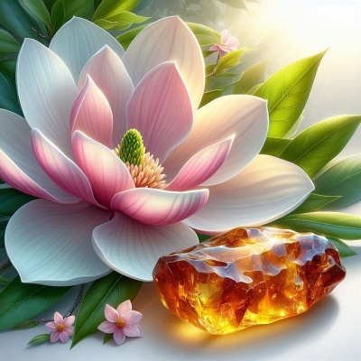 Flor de lótus rosa e branca com pedra âmbar alaranjada