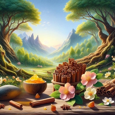 Paus de canela, flores e recipiente com pedaços amarelos numa mesa de madeira com paisagem natural ao fundo