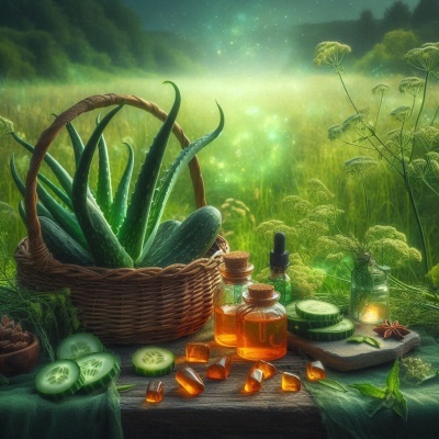 Cesta de vime com aloe vera, óleo em frascos e pepinos em ambiente natural
