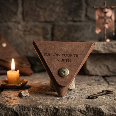 Carteira de pele castanha triangular com botão metálico e texto FOLLOW YOUR TRUE NORTH sobre superfície de pedra com vela e objetos antigos