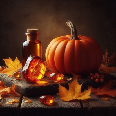 Frasco âmbar com pedras âmbar, abóbora e folhas de outono numa mesa de madeira