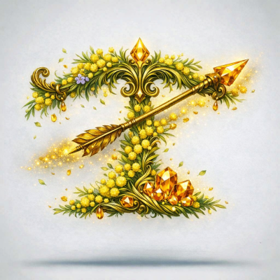 Símbolo dourado de balança com flores, folhas e cristais dourados com uma flecha atravessada em fundo cinzento.