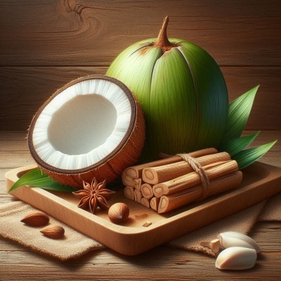 Produtos naturais incluindo coco, paus de canela, anis-estrelado, amêndoas e alho sobre tabuleiro de madeira