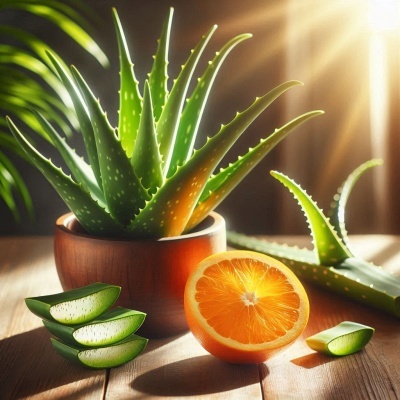 Planta aloe vera em vaso com fatias de aloe vera e meia laranja sobre madeira