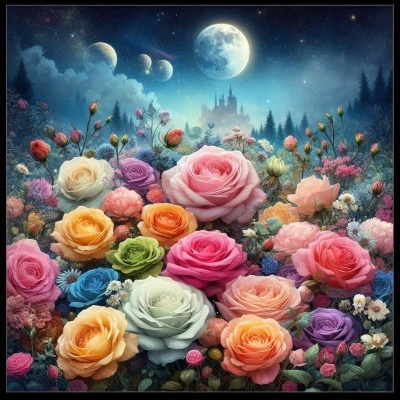 Ilustração digital de flores coloridas com castelo e luas no céu noturno