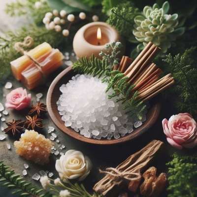 conjunto de spa com cristais de sal grosso, paus de canela, velas e flores decorativas