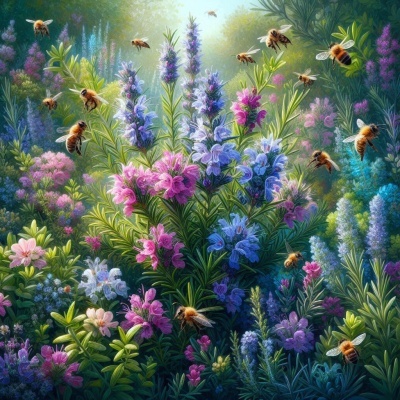 Campo florido com flores azul, roxo e rosa e várias abelhas voando