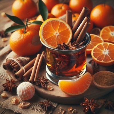 Bebida com tangerina e especiarias num copo de vidro sobre base de madeira com frutas e especiarias ao redor