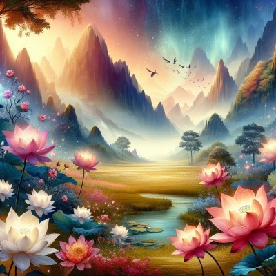 Vale com flores de lótus, montanhas e aurora boreal