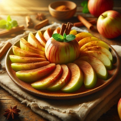 Prato com fatias de maçã com canela e decoração de canela e hortelã