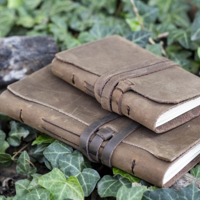 Dois cadernos de capa de couro castanha sobre folhas verdes