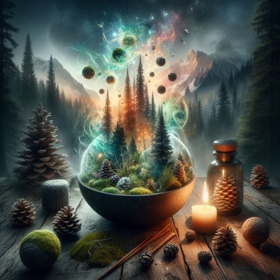 Terrário com musgo e pinheiros numa tigela preta com vela e frasco de vidro castanho ao ar livre