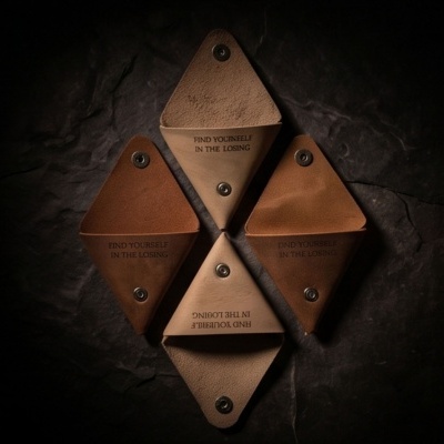 Três porta-moedas triangulares em couro castanho e bege com texto impresso