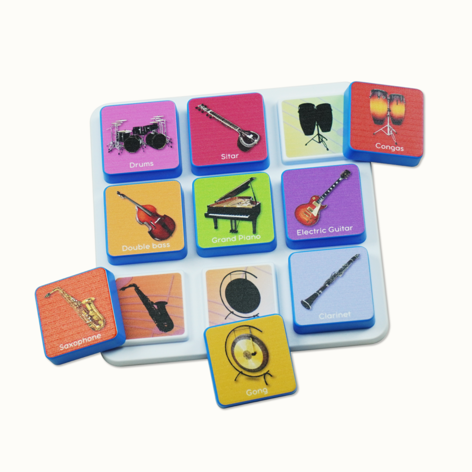 Interactive musical instrument board with colorful buttons and instrument names