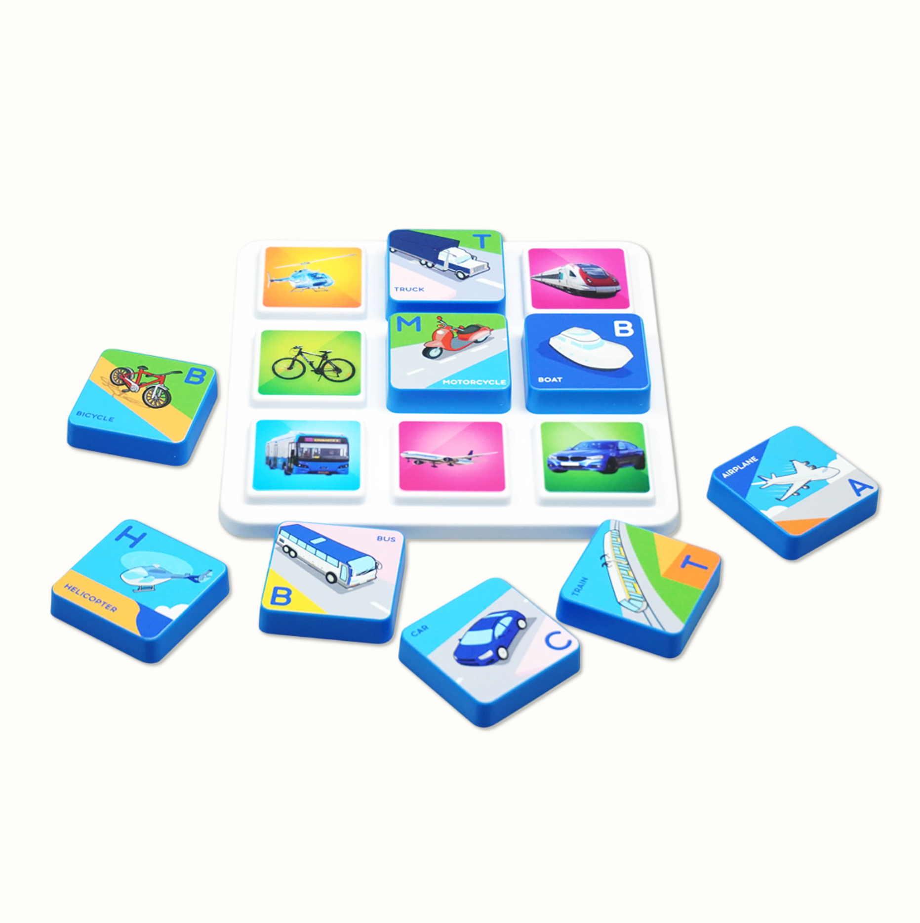 Colorful square tiles with vehicle images and labels for childrens educational toy