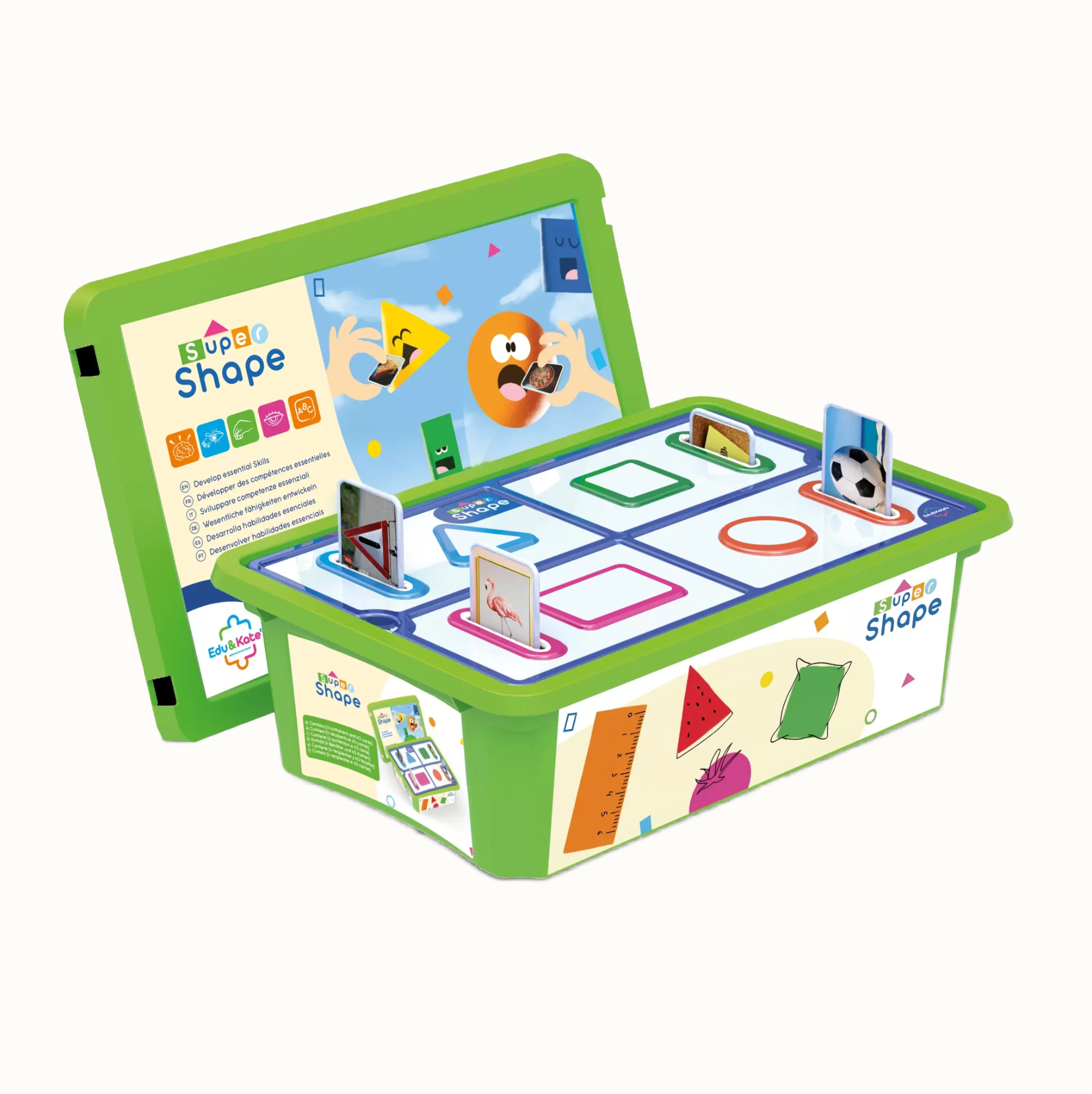 Green Super Shape educational toy box with shape sorting slots and colorful picture cards