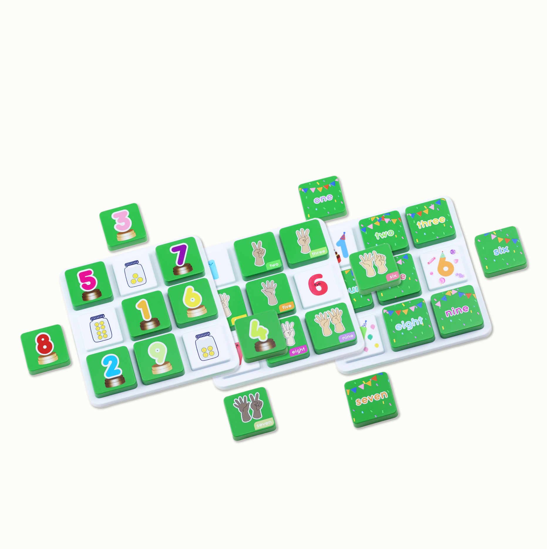 Educational number and counting tiles with hand signs and colorful numbers