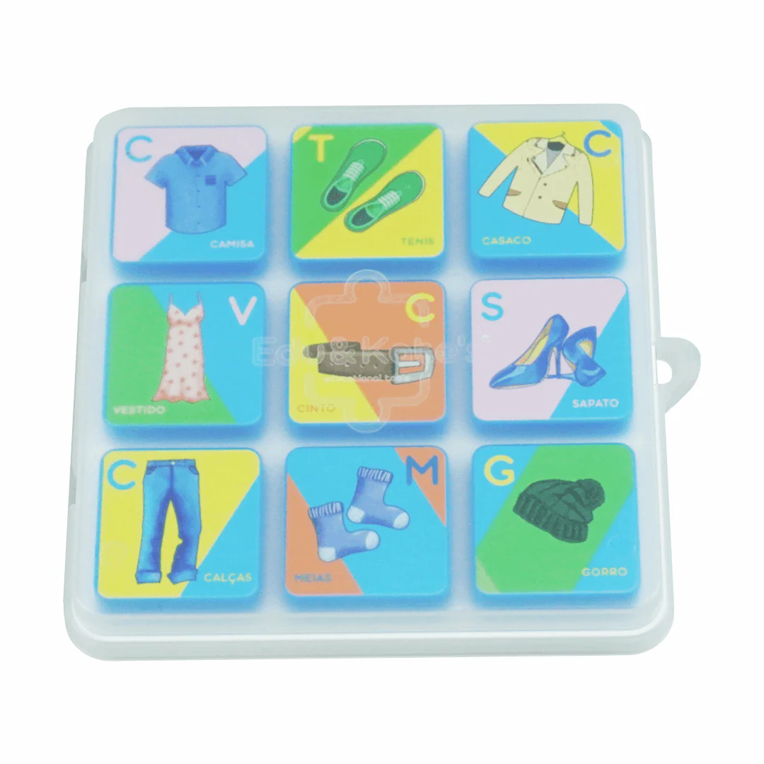 Educational toy with clothing illustrations and Portuguese labels