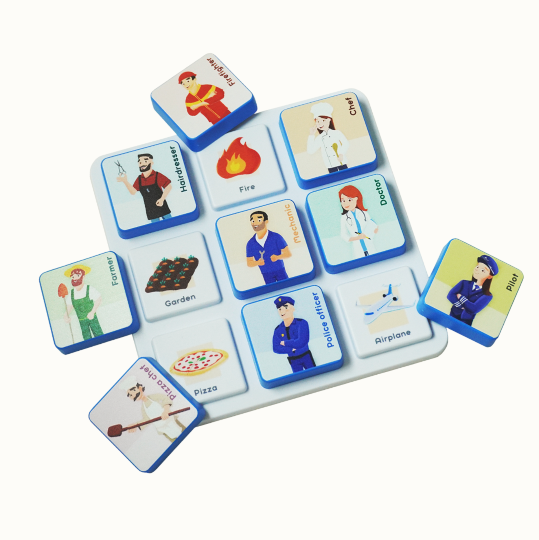 Square tiles with blue borders and illustrations of professions and objects like Firefighter, Chef, Fire, Hairdresser, Doctor, Mechanic, Farmer, Police Officer, Airplane, Pilot, Pizza, and Pizza Chef.