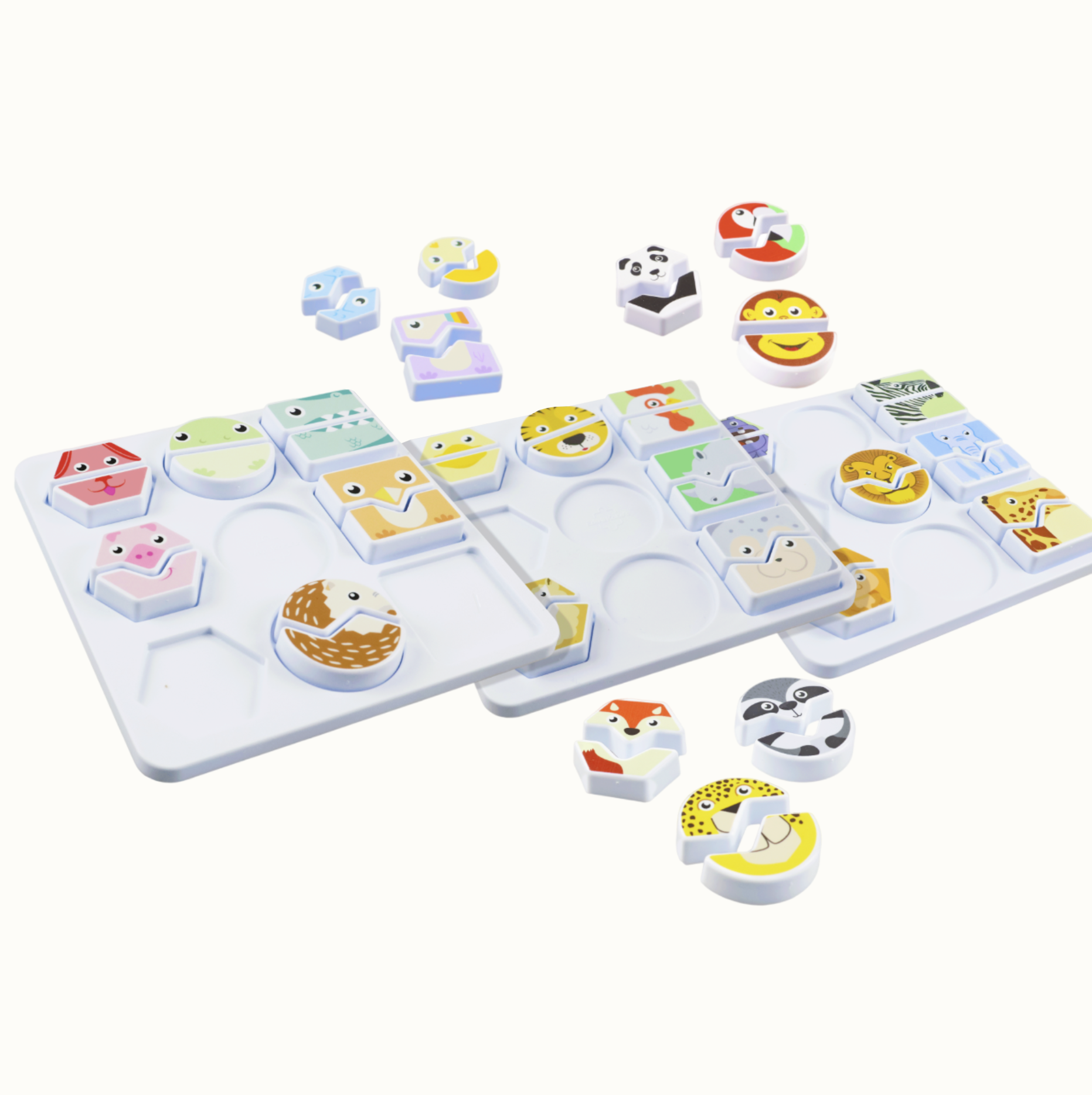 Childrens animal matching puzzle set with colorful animal pieces on a white tray