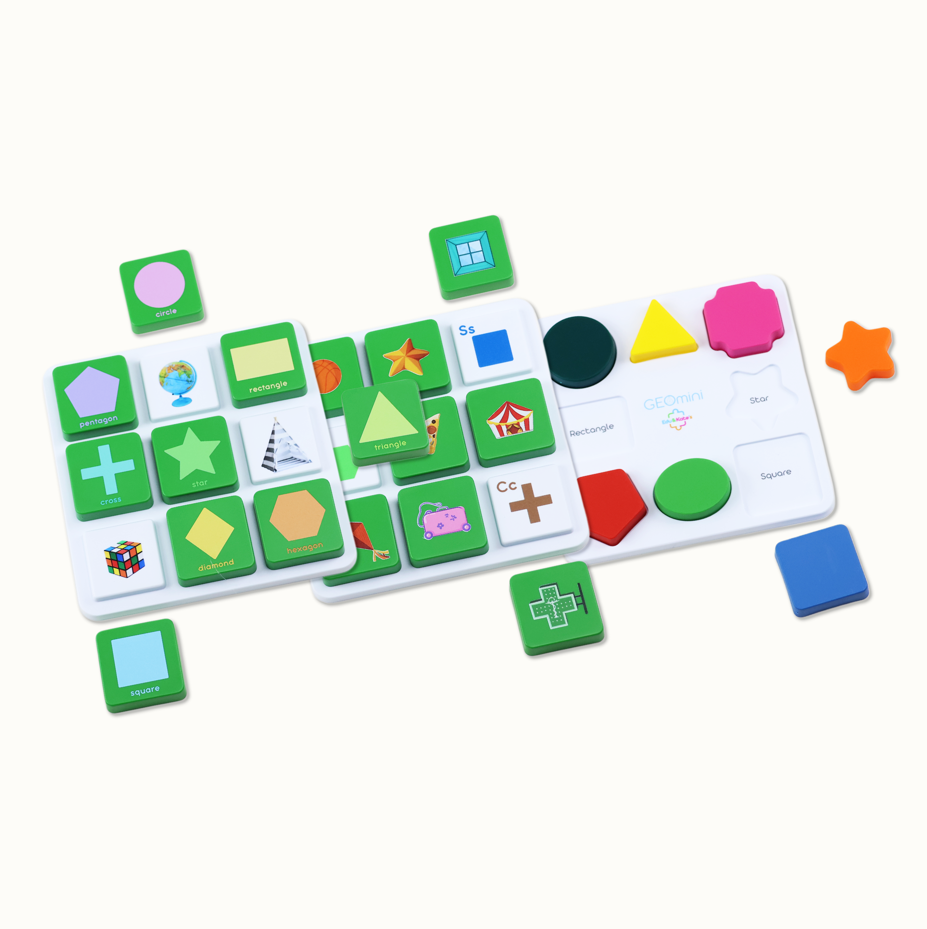 Multicolored educational geometric shape tiles on a white base with text GEOMINI