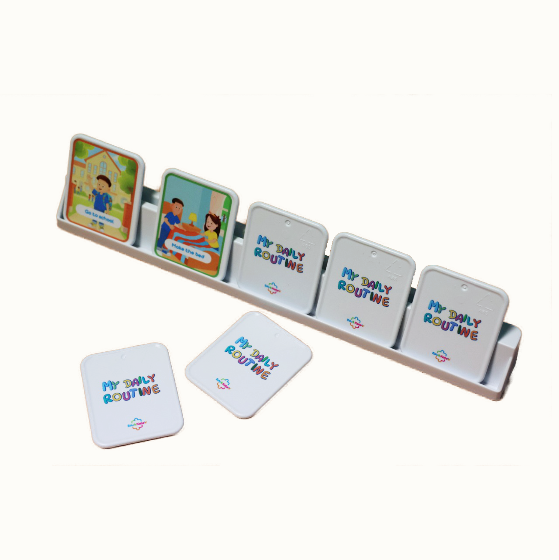 Set of daily routine cards with illustrations and a white stand