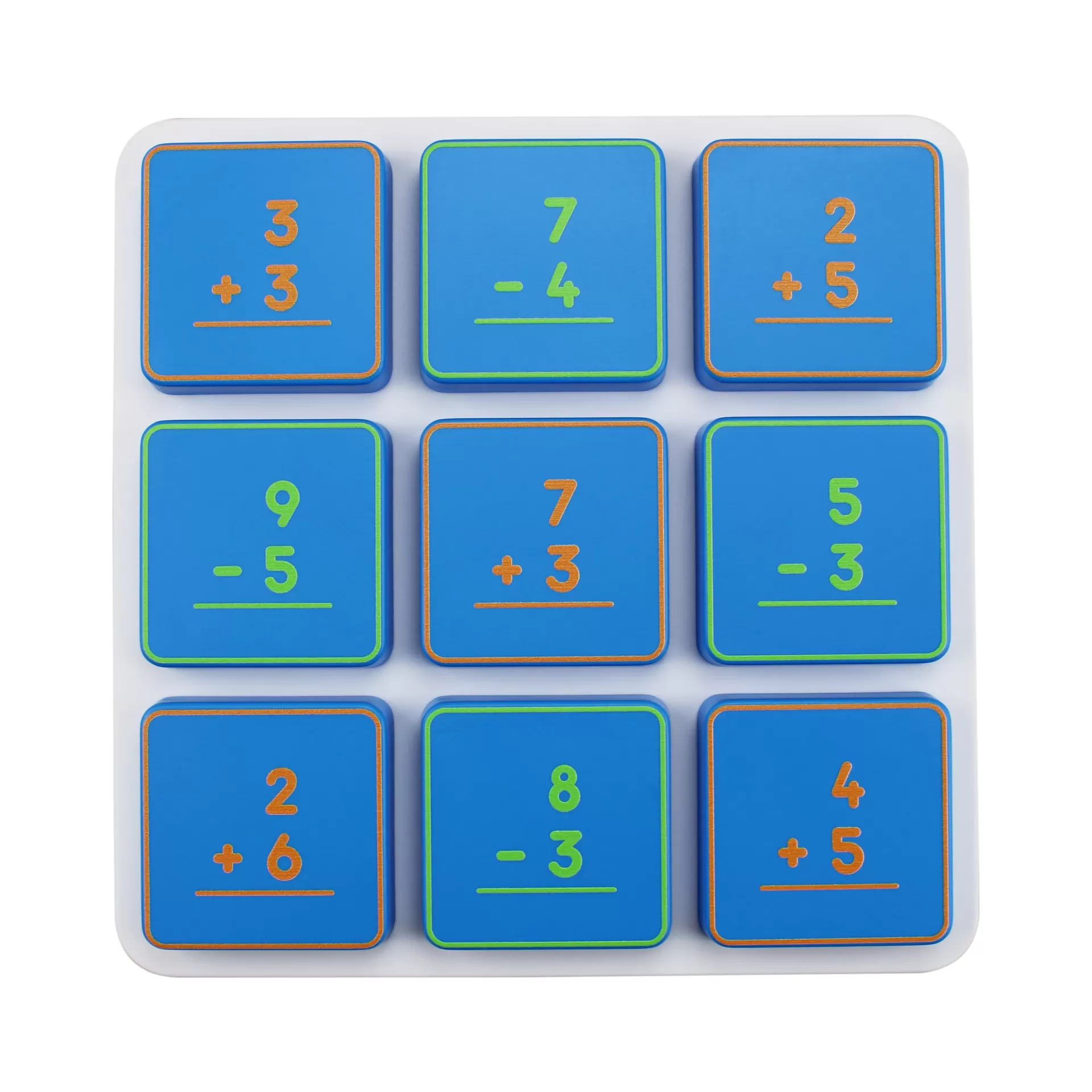 blue square blocks with math problems in orange and green on a white board