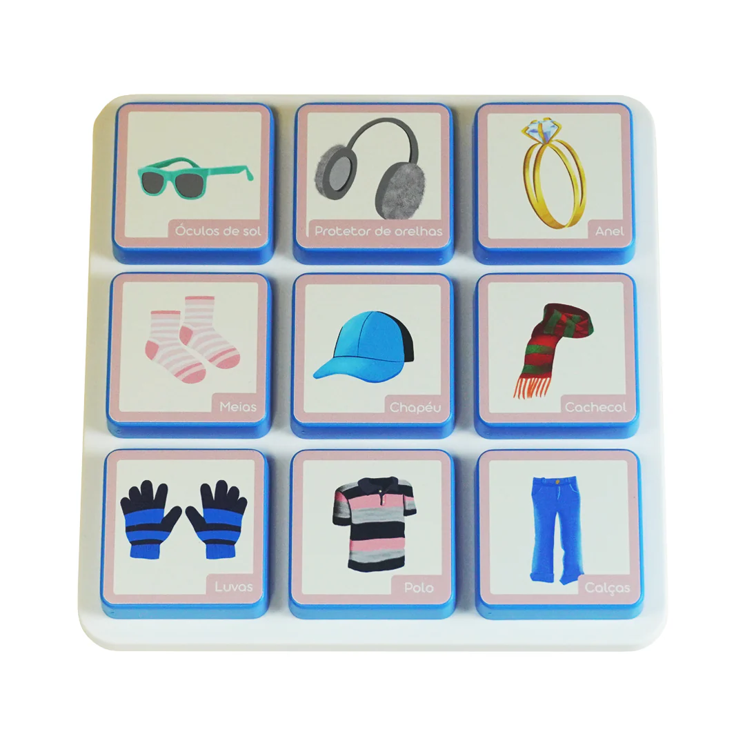 Tray with nine blue-bordered tiles showing illustrations and Portuguese labels of clothing and accessories