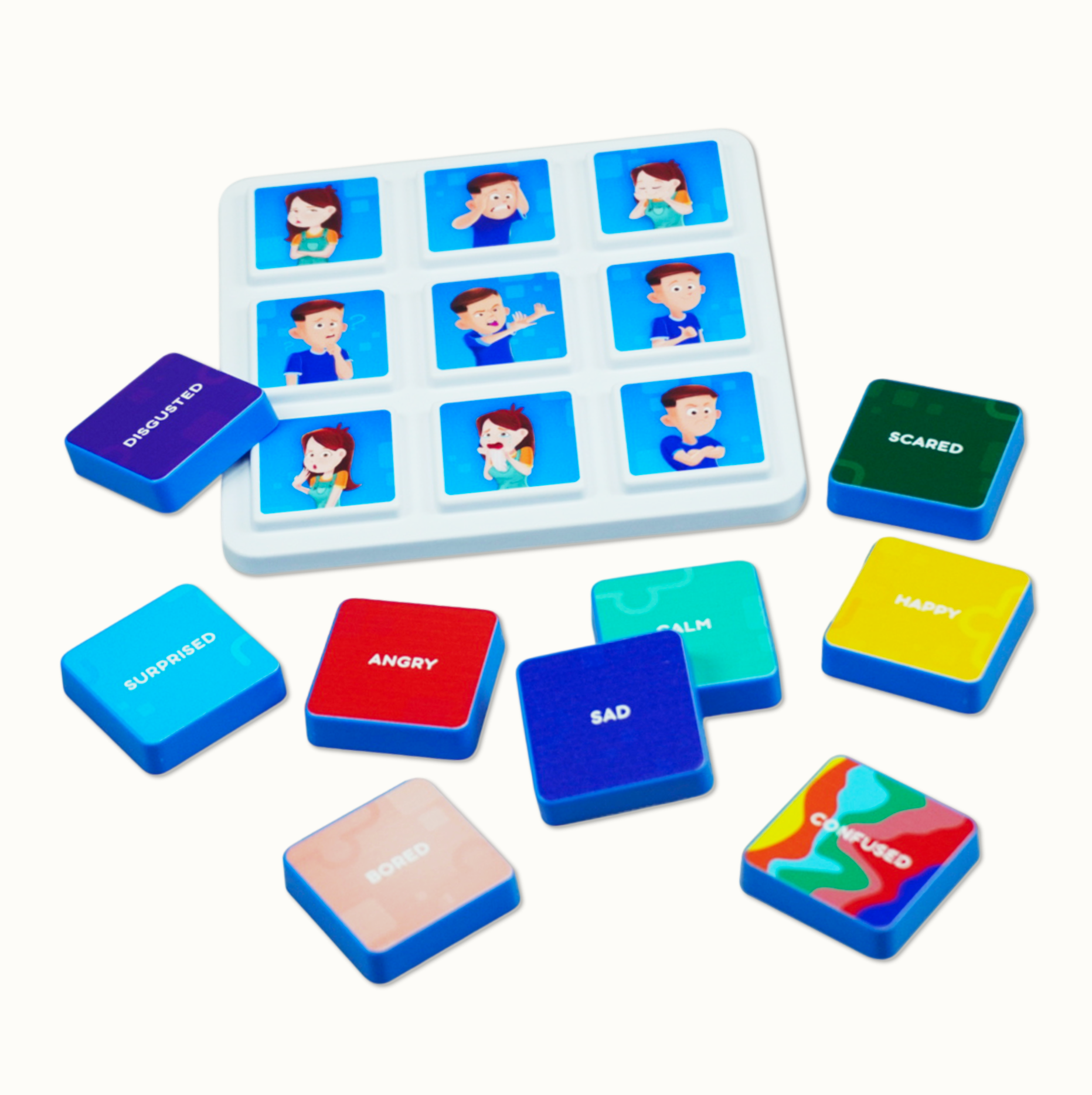 Colorful emotion word tiles and a white tray with cartoon faces showing emotions
